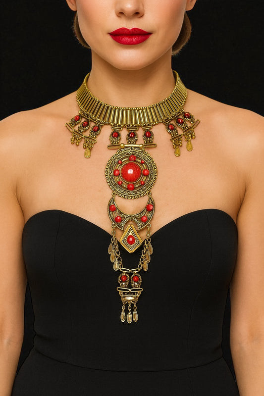 Bohemian Statement Pendant Necklace – Convertible Festival Body Jewellery in Red & Turquoise