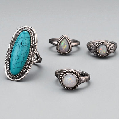 Boho Turquoise & Opal Ring Set – 8-Piece Vintage Silver Knuckle Rings for Women - Fatisha Boutique #