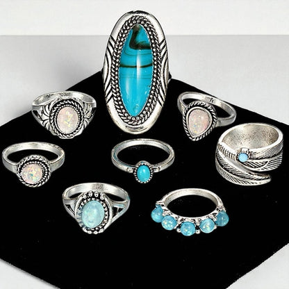 Boho Turquoise & Opal Ring Set – 8-Piece Vintage Silver Knuckle Rings for Women - Fatisha Boutique #