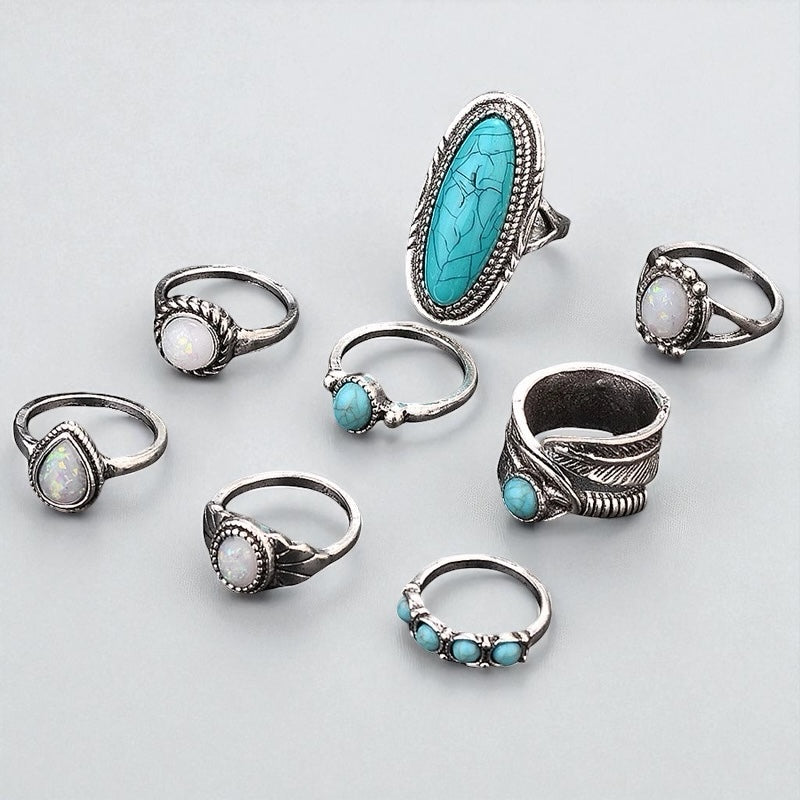 Boho Turquoise & Opal Ring Set – 8-Piece Vintage Silver Knuckle Rings for Women - Fatisha Boutique #