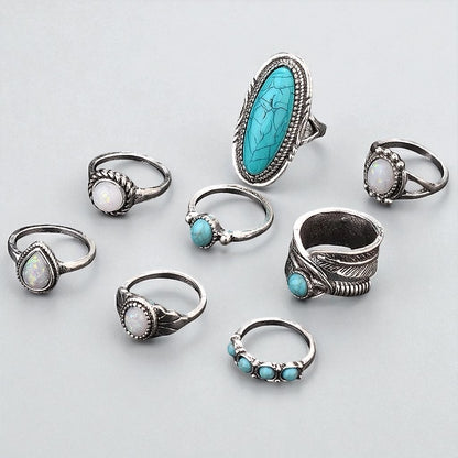 Boho Turquoise & Opal Ring Set – 8-Piece Vintage Silver Knuckle Rings for Women - Fatisha Boutique #
