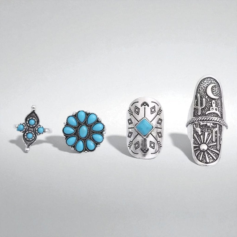 Boho Turquoise Ring Set – 9-Piece Vintage Silver Adjustable Rings for Women - Fatisha Boutique #