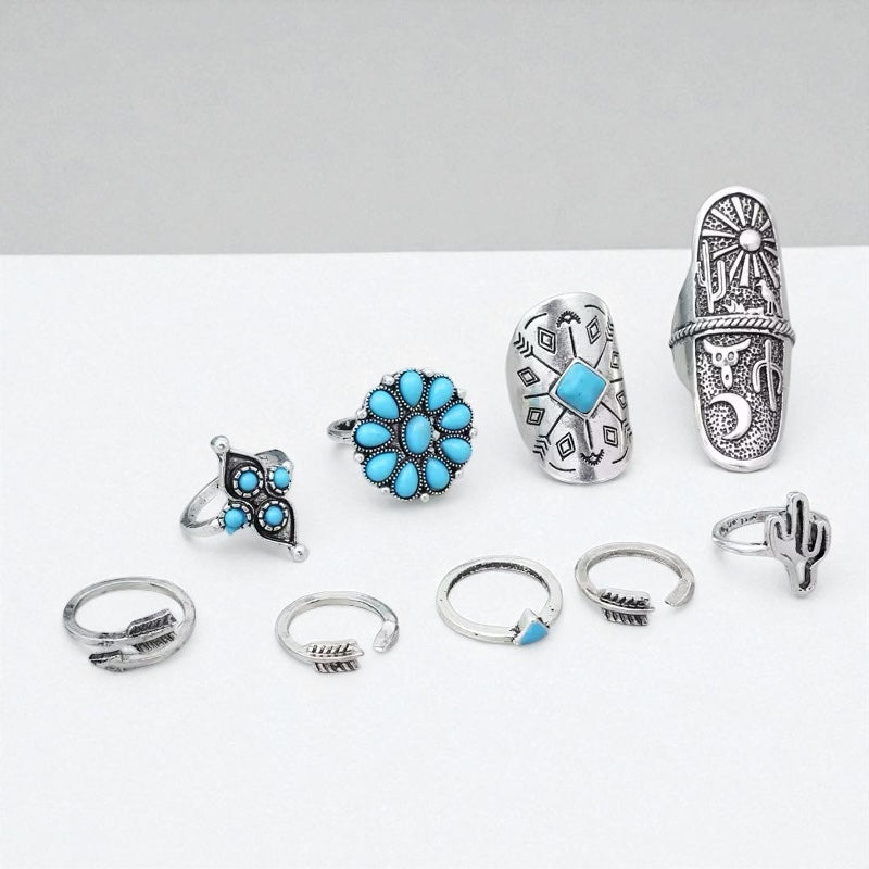 Boho Turquoise Ring Set – 9-Piece Vintage Silver Adjustable Rings for Women - Fatisha Boutique #