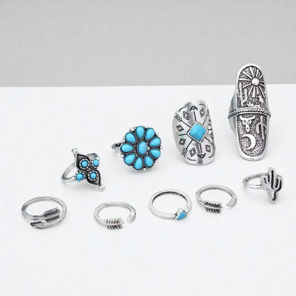 Boho Turquoise Ring Set – 9-Piece Vintage Silver Adjustable Rings for Women - Fatisha Boutique #