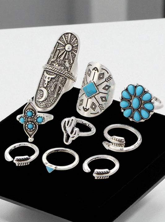 Boho Turquoise Ring Set – 9-Piece Vintage Silver Adjustable Rings for Women - Fatisha Boutique #