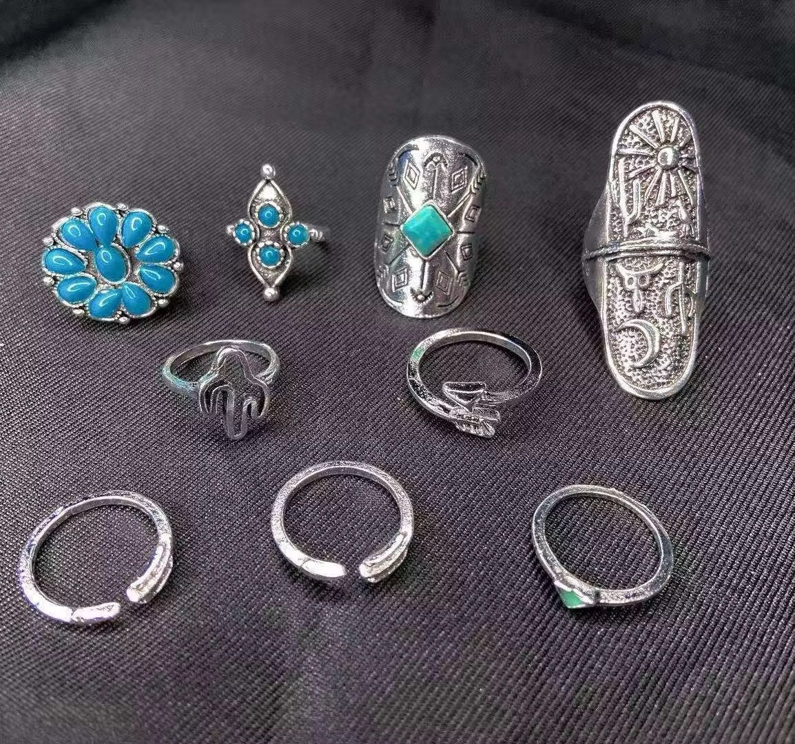 Boho Turquoise Ring Set – 9-Piece Vintage Silver Adjustable Rings for Women - Fatisha Boutique #