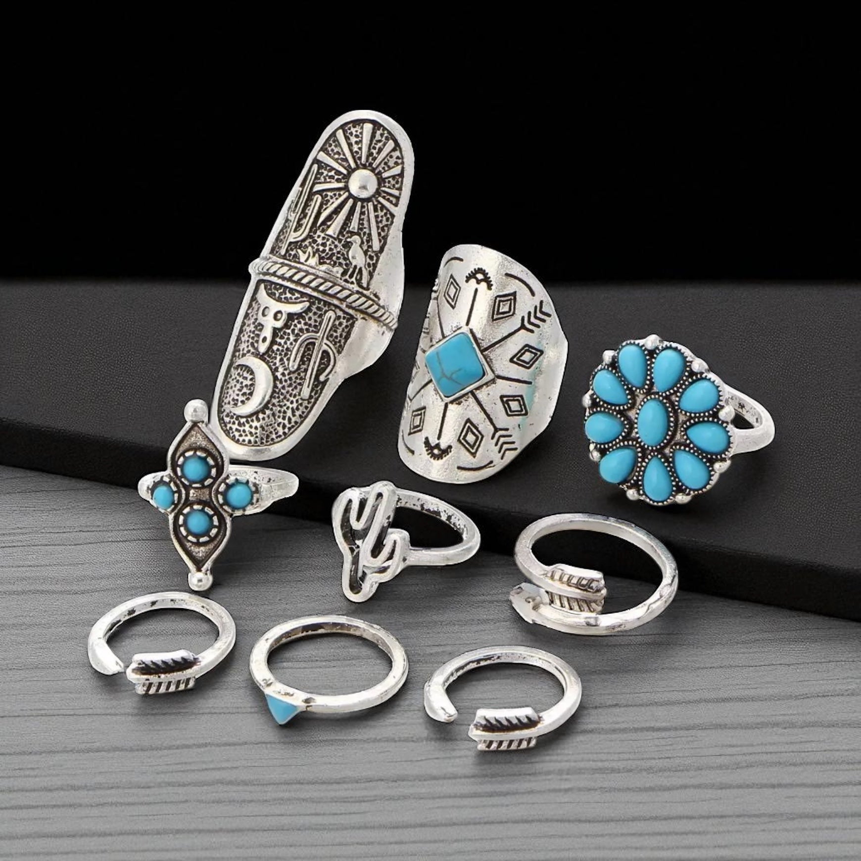 Boho Turquoise Ring Set – 9-Piece Vintage Silver Adjustable Rings for Women - Fatisha Boutique #
