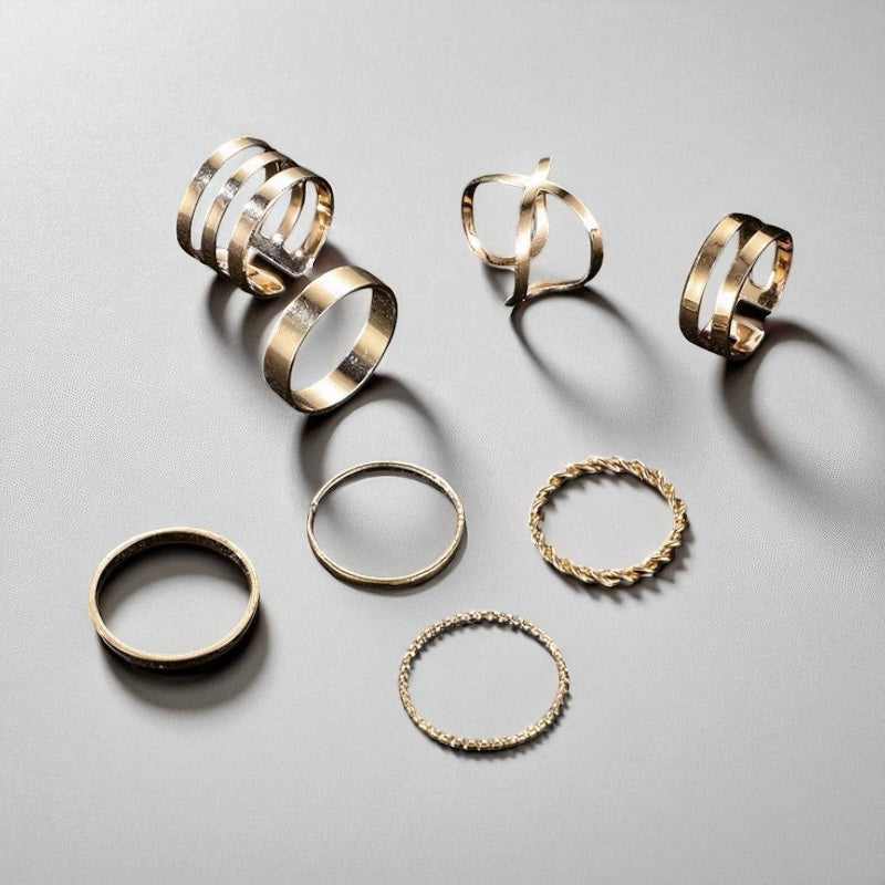 Boho Minimal Statement Ring Set – 8-Piece Gold & Silver for Petite Fingers - Fatisha Boutique #