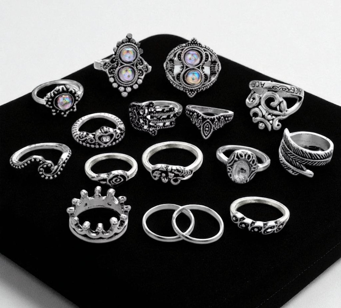Bohemian 16-Piece Silver Ring Set – Vintage Crystal Statement Jewellery - Fatisha Boutique #