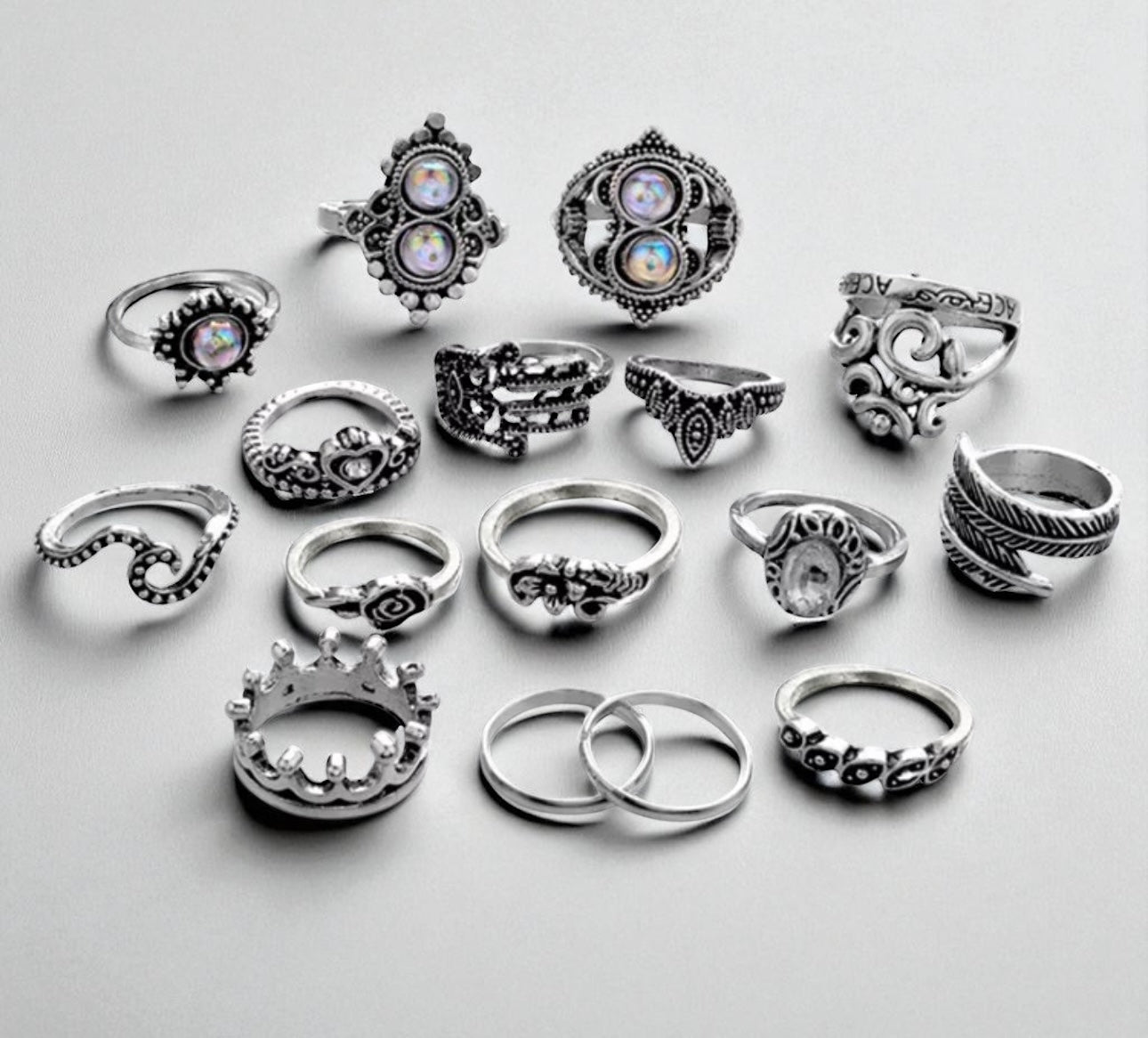 Bohemian 16-Piece Silver Ring Set – Vintage Crystal Statement Jewellery - Fatisha Boutique #