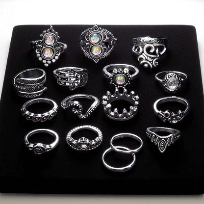 Bohemian 16-Piece Silver Ring Set – Vintage Crystal Statement Jewellery - Fatisha Boutique #