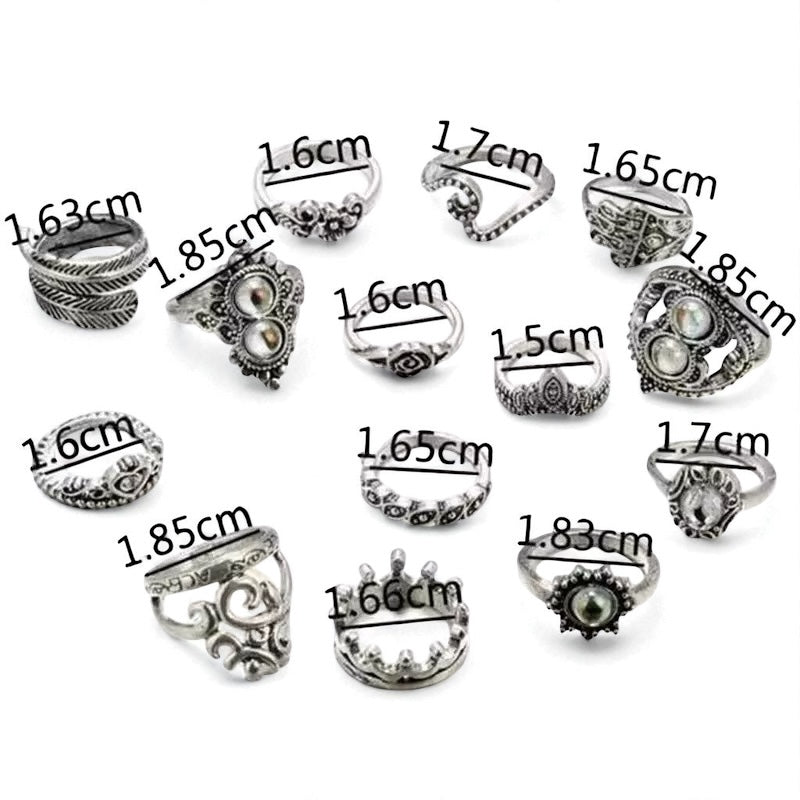 Bohemian 16-Piece Silver Ring Set – Vintage Crystal Statement Jewellery - Fatisha Boutique #