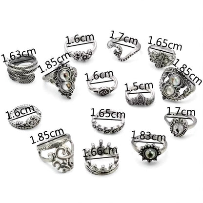 Bohemian 16-Piece Silver Ring Set – Vintage Crystal Statement Jewellery - Fatisha Boutique #