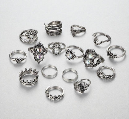 Bohemian 16-Piece Silver Ring Set – Vintage Crystal Statement Jewellery - Fatisha Boutique #