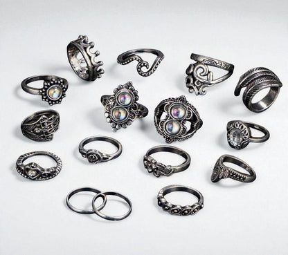 Bohemian 16-Piece Silver Ring Set – Vintage Crystal Statement Jewellery - Fatisha Boutique #