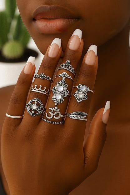 Bohemian 16-Piece Silver Ring Set – Vintage Crystal Statement Jewellery - Fatisha Boutique #