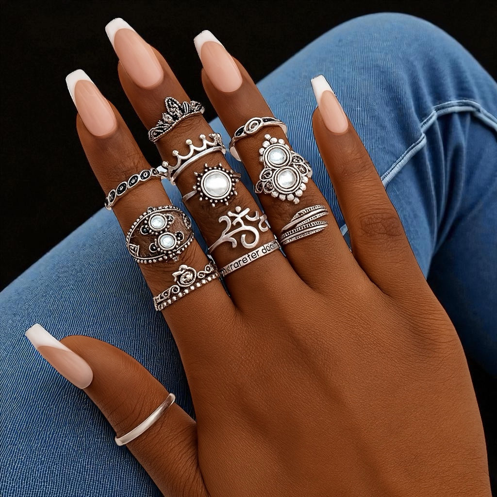 Bohemian 16-Piece Silver Ring Set – Vintage Crystal Statement Jewellery - Fatisha Boutique #