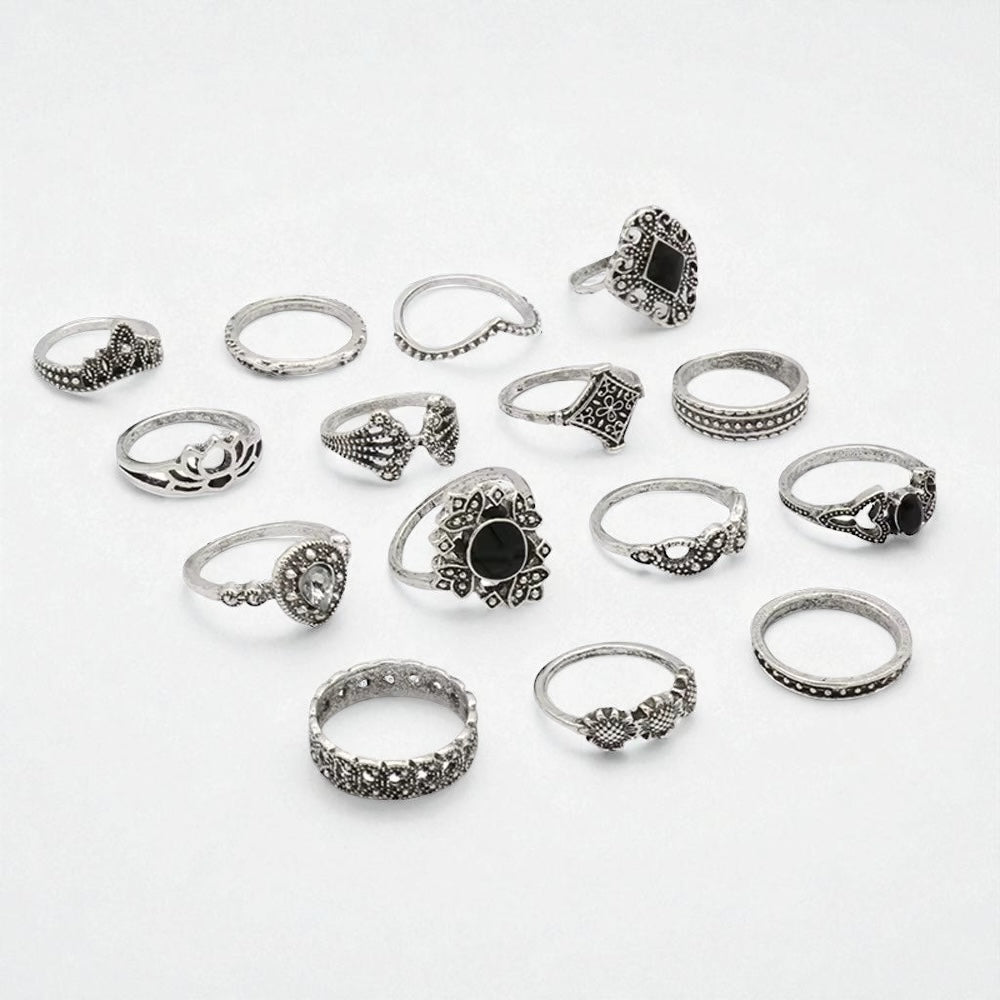 Boho Vintage Silver Ring Set – 15-Piece Statement Jewellery for Women - Fatisha Boutique #