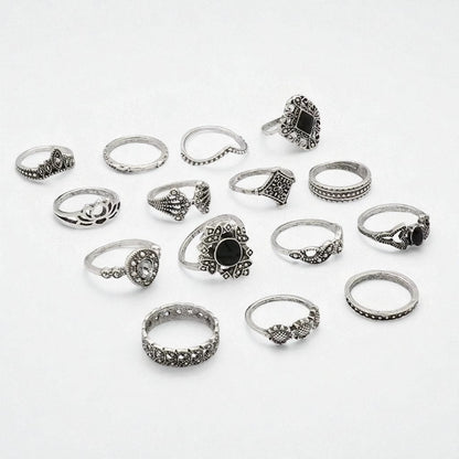 Boho Vintage Silver Ring Set – 15-Piece Statement Jewellery for Women - Fatisha Boutique #