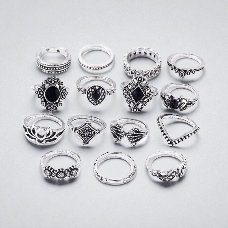 Boho Vintage Silver Ring Set – 15-Piece Statement Jewellery for Women - Fatisha Boutique #