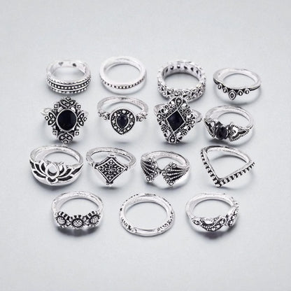 Boho Vintage Silver Ring Set – 15-Piece Statement Jewellery for Women - Fatisha Boutique #