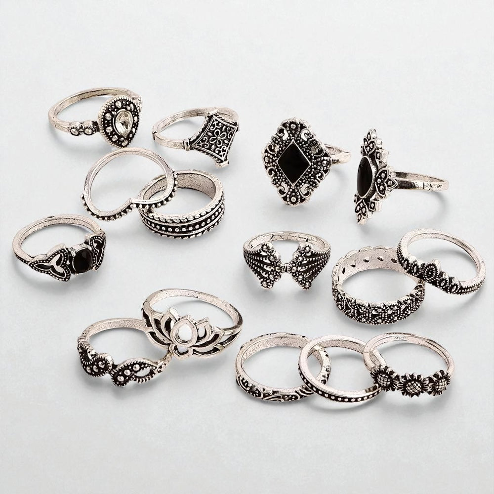 Boho Vintage Silver Ring Set – 15-Piece Statement Jewellery for Women - Fatisha Boutique #