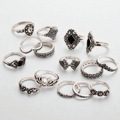 Boho Vintage Silver Ring Set – 15-Piece Statement Jewellery for Women - Fatisha Boutique #