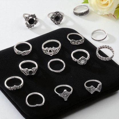 Boho Vintage Silver Ring Set – 15-Piece Statement Jewellery for Women - Fatisha Boutique #