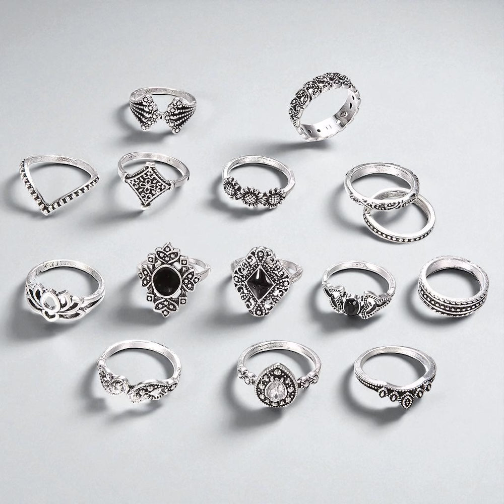 Boho Vintage Silver Ring Set – 15-Piece Statement Jewellery for Women - Fatisha Boutique #