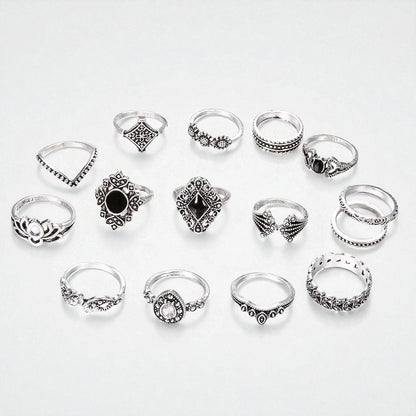 Boho Vintage Silver Ring Set – 15-Piece Statement Jewellery for Women - Fatisha Boutique #