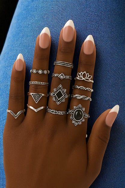 Boho Vintage Silver Ring Set – 15-Piece Statement Jewellery for Women - Fatisha Boutique #
