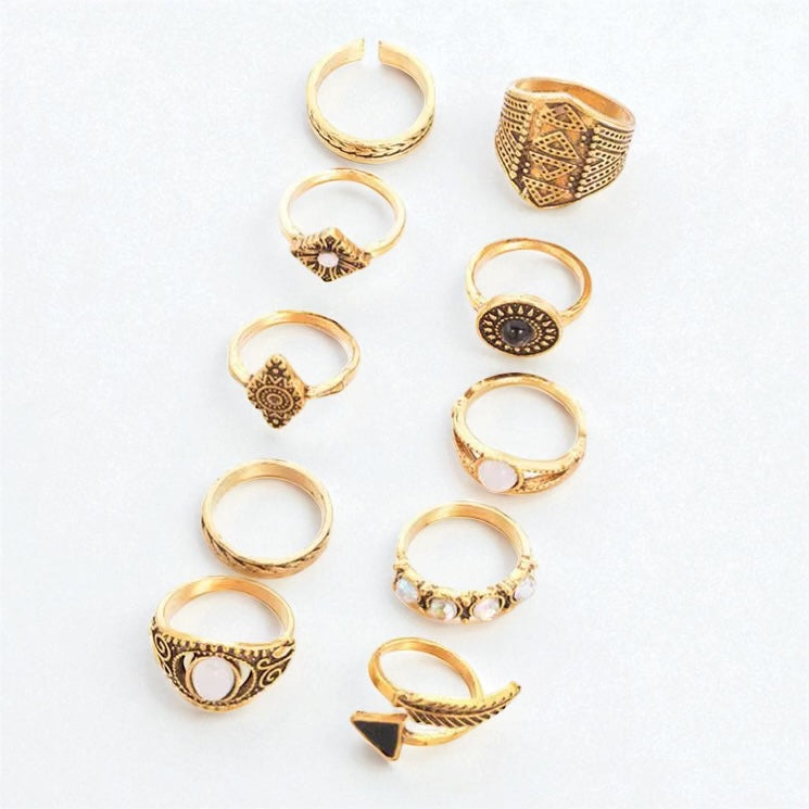 Bohemian 10-Piece Antique Gold & Silver Ring Set – Vintage Tribal Knuckle Rings - Fatisha Boutique #