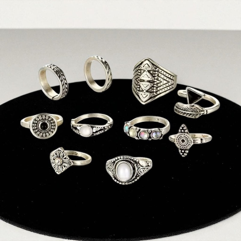 Bohemian 10-Piece Antique Gold & Silver Ring Set – Vintage Tribal Knuckle Rings - Fatisha Boutique #