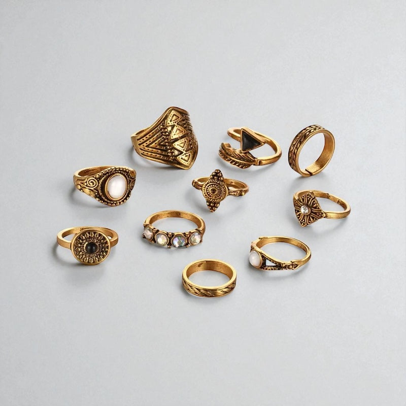 Bohemian 10-Piece Antique Gold & Silver Ring Set – Vintage Tribal Knuckle Rings - Fatisha Boutique #