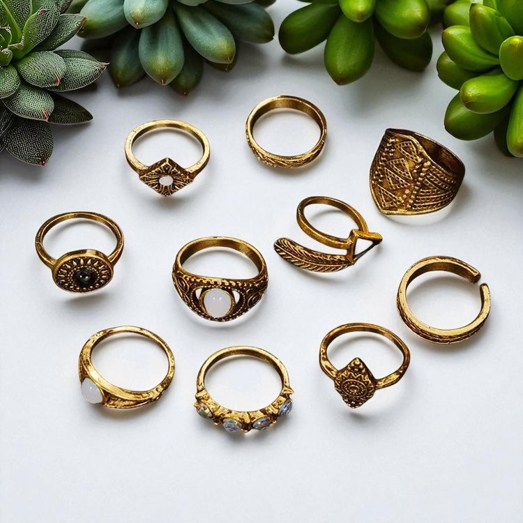Bohemian 10-Piece Antique Gold & Silver Ring Set – Vintage Tribal Knuckle Rings - Fatisha Boutique #
