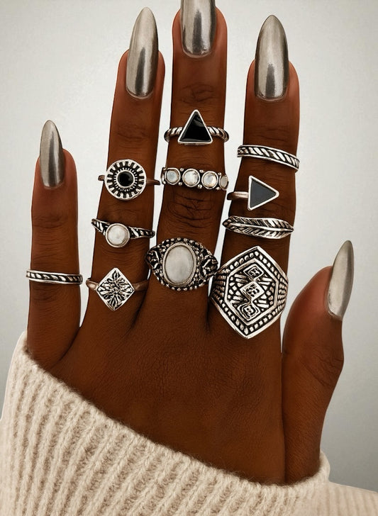 Bohemian 10-Piece Antique Gold & Silver Ring Set – Vintage Tribal Knuckle Rings - Fatisha Boutique #