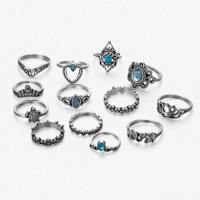 Bohemian Silver Ring Set – 13-Piece Vintage Crystal Rings Collection - Fatisha Boutique #