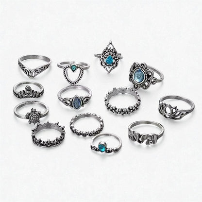Bohemian Silver Ring Set – 13-Piece Vintage Crystal Rings Collection - Fatisha Boutique #