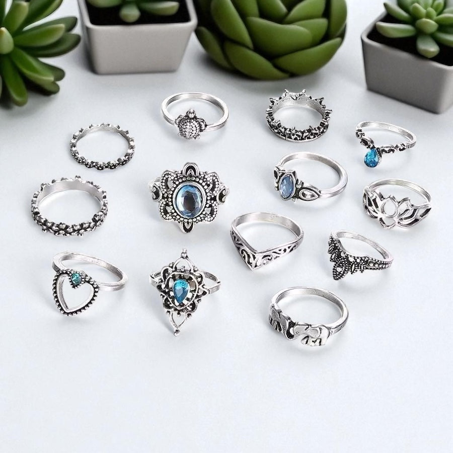 Bohemian Silver Ring Set – 13-Piece Vintage Crystal Rings Collection - Fatisha Boutique #