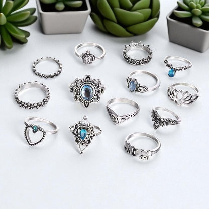 Bohemian Silver Ring Set – 13-Piece Vintage Crystal Rings Collection - Fatisha Boutique #