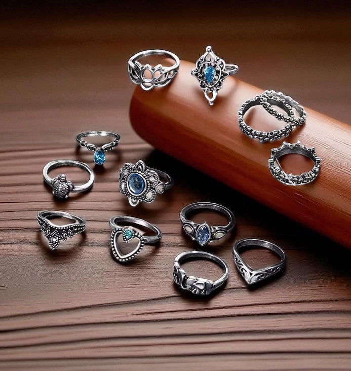 Bohemian Silver Ring Set – 13-Piece Vintage Crystal Rings Collection - Fatisha Boutique #