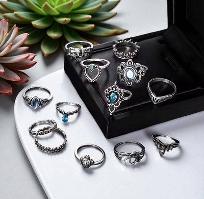 Bohemian Silver Ring Set – 13-Piece Vintage Crystal Rings Collection - Fatisha Boutique #