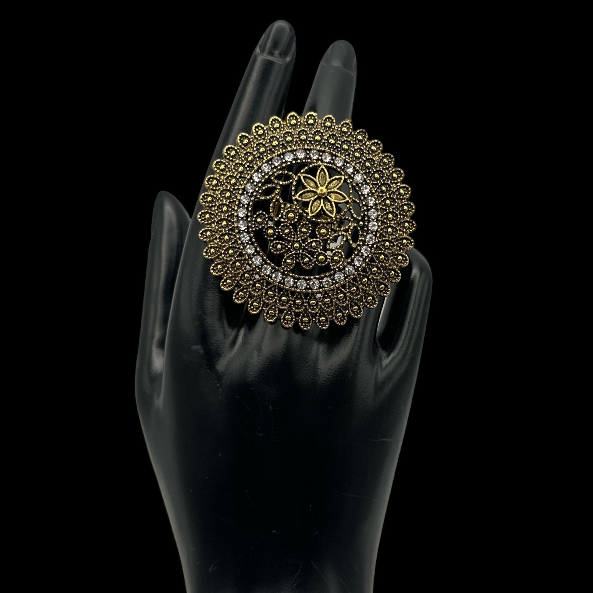 Vintage Boho Oversized Statement Ring – Antique Gold & Silver, 5cm Mandala Design - Fatisha Boutique #