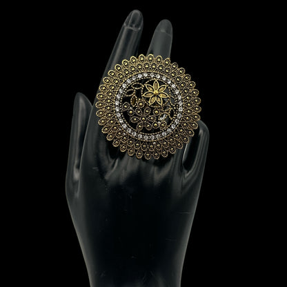 Vintage Boho Oversized Statement Ring – Antique Gold & Silver, 5cm Mandala Design - Fatisha Boutique #