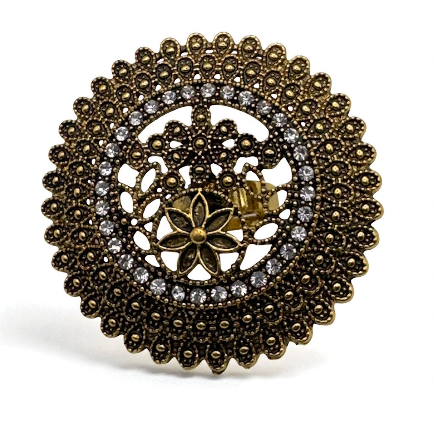 Vintage Boho Oversized Statement Ring – Antique Gold & Silver, 5cm Mandala Design - Fatisha Boutique #