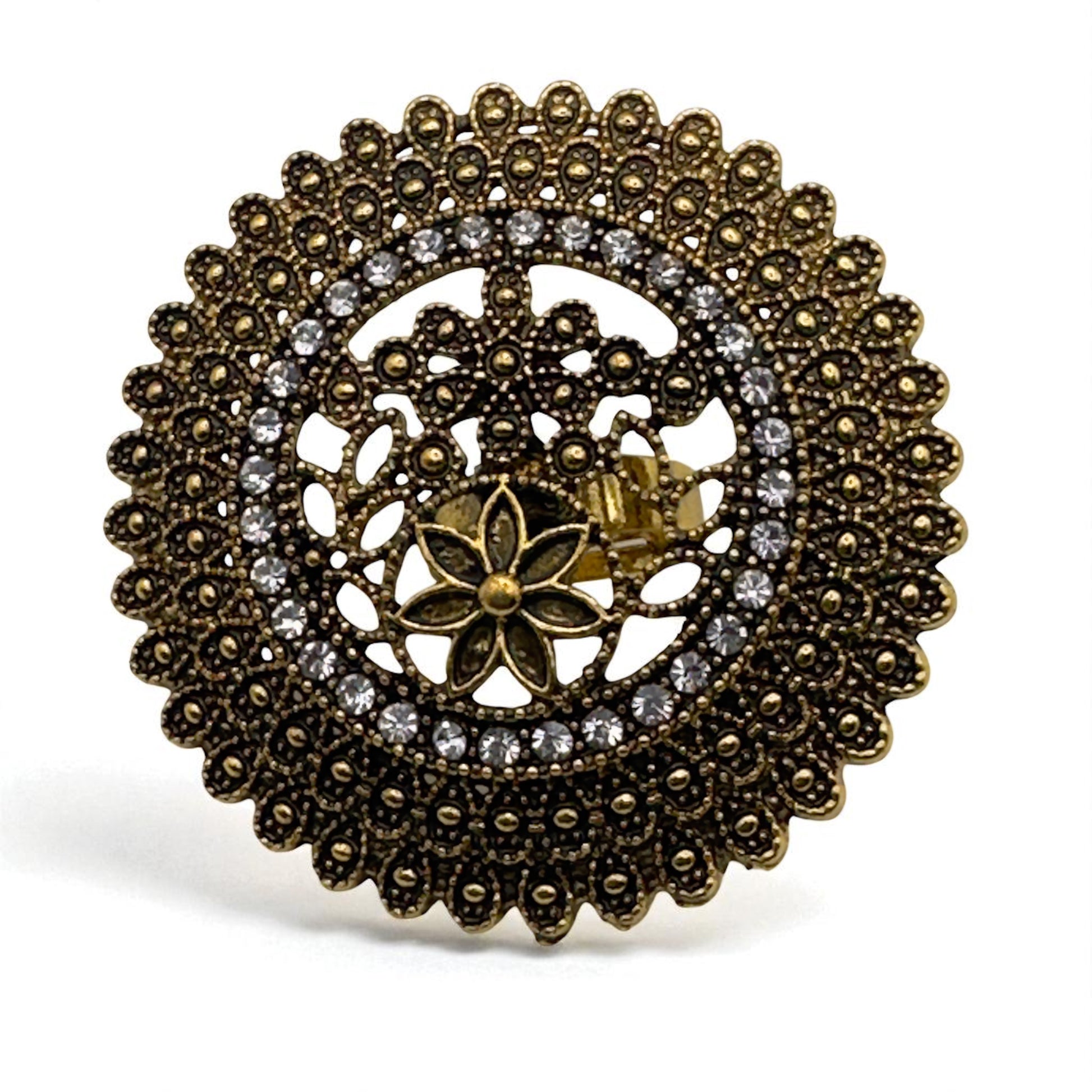 Vintage Boho Oversized Statement Ring – Antique Gold & Silver, 5cm Mandala Design - Fatisha Boutique #