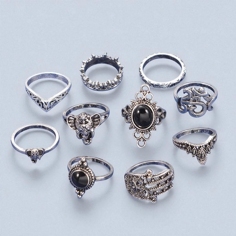 Vintage Boho Black Stone Ring Set – 10 Pcs Mixed Sizes Statement Jewellery - Fatisha Boutique #