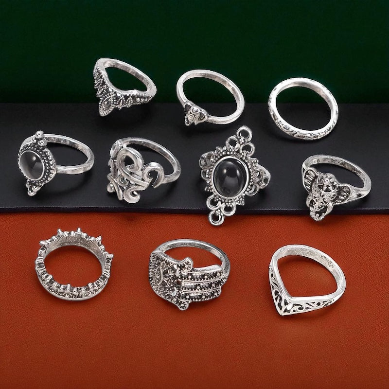 Vintage Boho Black Stone Ring Set – 10 Pcs Mixed Sizes Statement Jewellery - Fatisha Boutique #