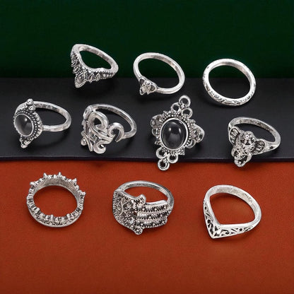 Vintage Boho Black Stone Ring Set – 10 Pcs Mixed Sizes Statement Jewellery - Fatisha Boutique #