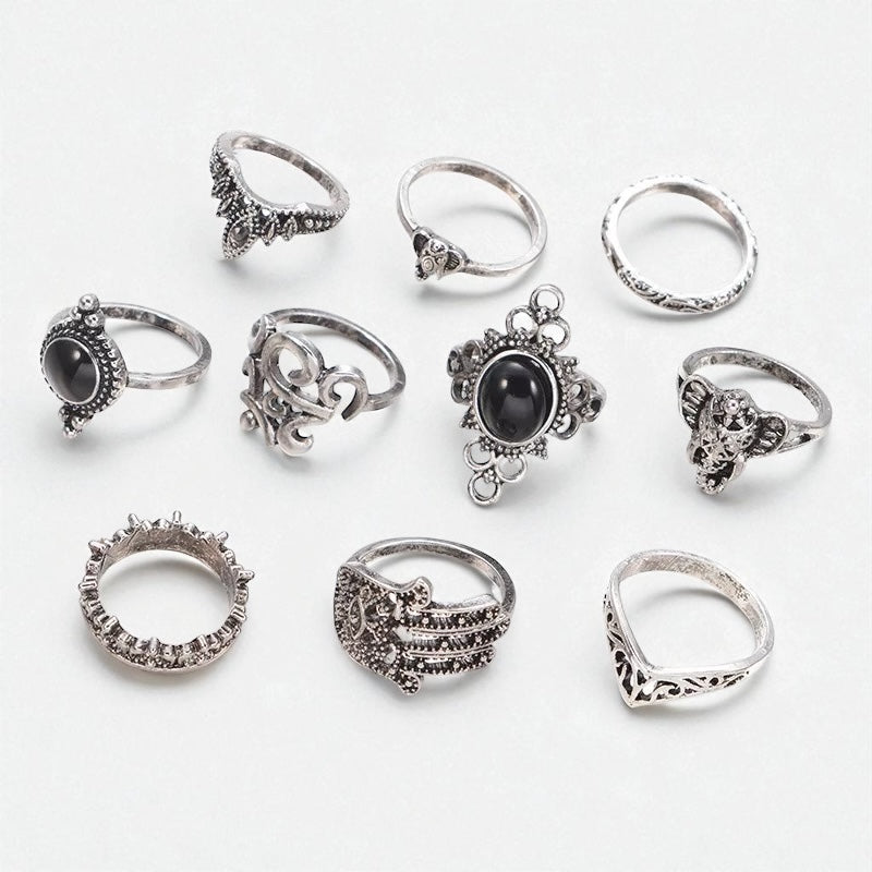 Vintage Boho Black Stone Ring Set – 10 Pcs Mixed Sizes Statement Jewellery - Fatisha Boutique #